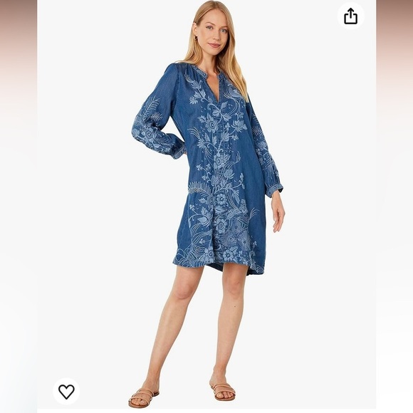Johnny Was Kairi Bishop Sleeve V-Neck Dress Denim Blue chambray 10993 - Picture 1 of 12